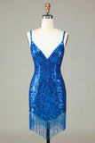 Sprankelende Bodycon Spaghetti Bandjes Blauwe Pailletten Korte Homecoming Jurk met Kwastje