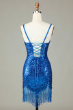 Sprankelende Bodycon Spaghetti Bandjes Blauwe Pailletten Korte Homecoming Jurk met Kwastje