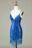 Sprankelende Bodycon Spaghetti Bandjes Blauwe Pailletten Korte Homecoming Jurk met Kwastje