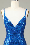 Sprankelende Bodycon Spaghetti Bandjes Blauwe Pailletten Korte Homecoming Jurk met Kwastje