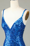 Sprankelende Bodycon Spaghetti Bandjes Blauwe Pailletten Korte Homecoming Jurk met Kwastje