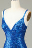 Afbeelding in Gallery-weergave laden, Schede Spaghetti bandjes Pauw blauw pailletten jaren 1920 jurk met kwast