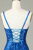 Sprankelende Bodycon Spaghetti Bandjes Blauwe Pailletten Korte Homecoming Jurk met Kwastje