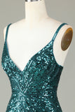 Sprankelende Bodycon Spaghetti Bandjes Blauwe Pailletten Korte Homecoming Jurk met Kwastje