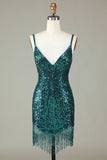 Sprankelende Bodycon Spaghetti Bandjes Blauwe Veter-Up Rug Korte Homecoming Jurk met Kralen