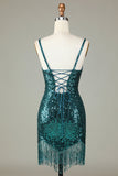 Sprankelende Bodycon Spaghetti Bandjes Groene Veter-Up Rug Korte Homecoming Jurk met Kralen