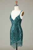 Sprankelende Bodycon Spaghetti Bandjes Groene Veter-Up Rug Korte Homecoming Jurk met Kralen