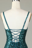 Sprankelende Bodycon Spaghetti Bandjes Groene Veter-Up Rug Korte Homecoming Jurk met Kralen