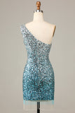 Sprankelende Bodycon Een schouder Blauwe Pailletten Korte Homecoming Jurk met Kwastje