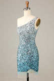 Sprankelende Bodycon Een schouder Blauwe Pailletten Korte Homecoming Jurk met Kwastje