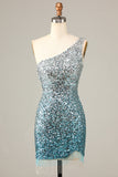 Sprankelende Bodycon Een schouder Blauwe Pailletten Korte Homecoming Jurk met Kwastje