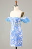 Afbeelding in Gallery-weergave laden, Prachtige schede van de schouder blauwe korte homecoming jurk met veer