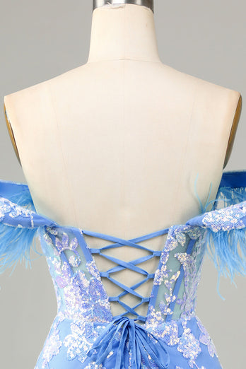 Prachtige schede van de schouder blauwe korte homecoming jurk met veer