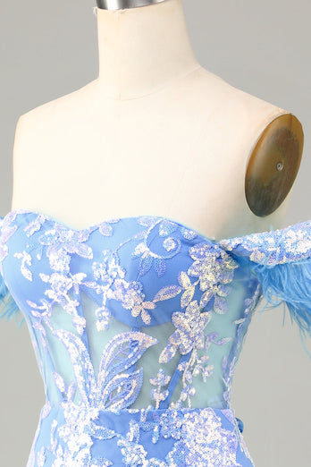 Prachtige schede van de schouder blauwe korte homecoming jurk met veer