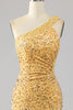 Afbeelding in Gallery-weergave laden, Zeemeermin pailletten een schouder gouden galajurk met split