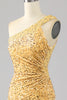 Afbeelding in Gallery-weergave laden, Zeemeermin pailletten een schouder gouden galajurk met split
