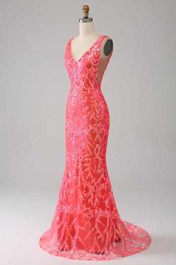 Oranje charmante zeemeermin diepe V-hals sprankelende pailletten Prom jurk met borduurwerk