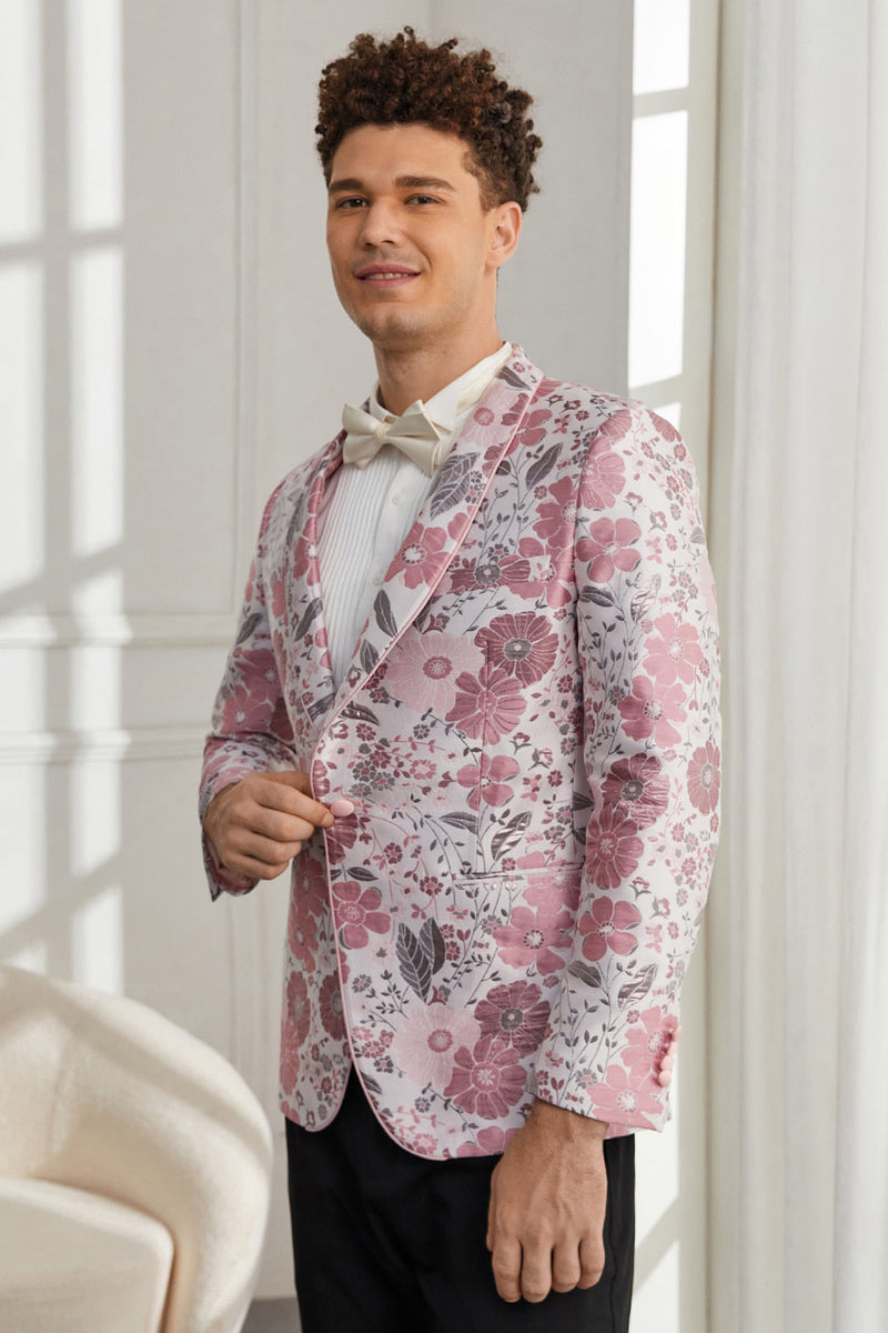 Afbeelding in Gallery-weergave laden, Sjaal Revers Een Knop Roze Bloemen Jacquard 2 Delige Homecoming Suits