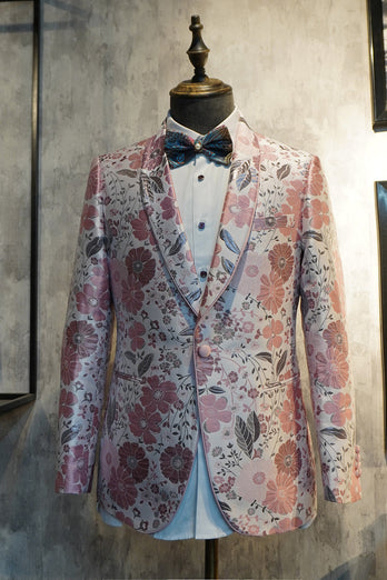 Roze Bloemen Jacquard Sjaal Revers 2 Delige Prom Homecoming Suits