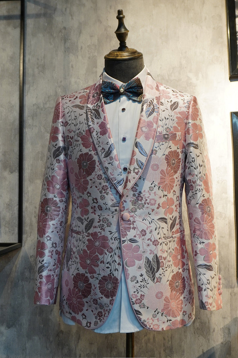 Afbeelding in Gallery-weergave laden, Roze Bloemen Jacquard Sjaal Revers 2 Delige Prom Homecoming Suits
