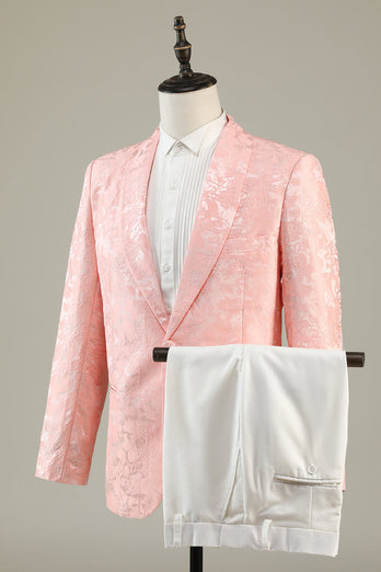 Lichtroze Jacquard 2-delige sjaal revers met één knop Prom Suits