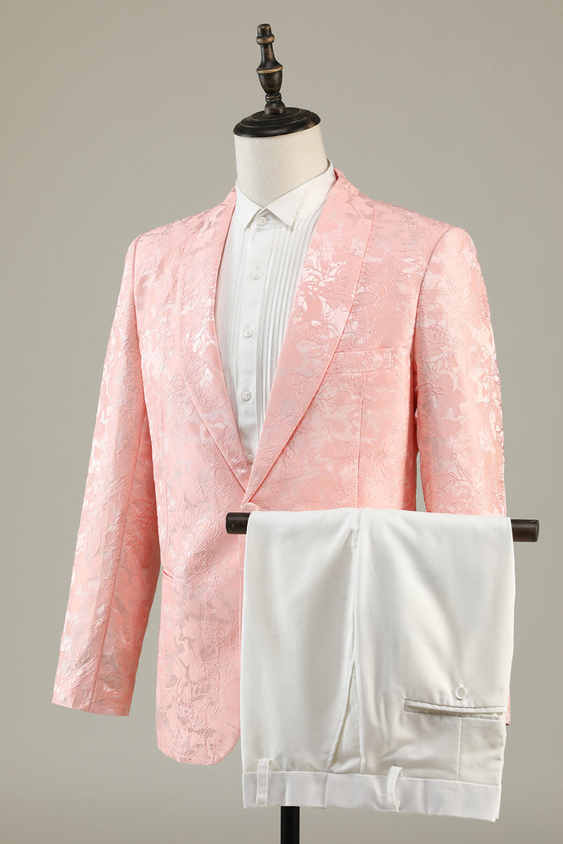 Afbeelding in Gallery-weergave laden, Lichtroze Jacquard 2-delige sjaal revers met één knop Prom Suits