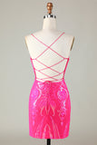 Trend Hot Pink Lace Up Strakke Glitter Homecoming Jurk