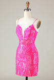 Trend Hot Pink Lace Up Strakke Glitter Homecoming Jurk