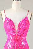 Trend Hot Pink Lace Up Strakke Glitter Homecoming Jurk