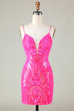 Trend Hot Pink Lace Up Strakke Glitter Homecoming Jurk