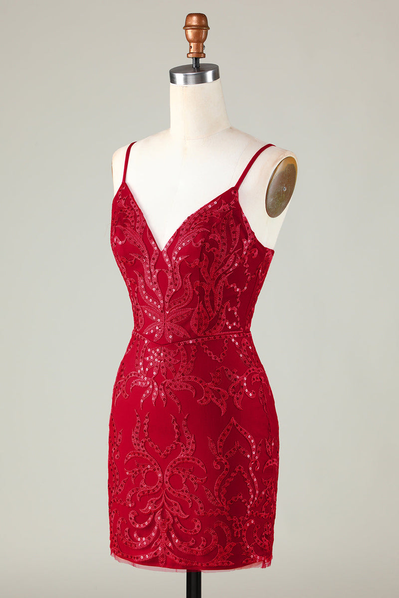 Afbeelding in Gallery-weergave laden, Sprankelende donkerrode pailletten spaghetti riemen strakke korte homecoming jurk