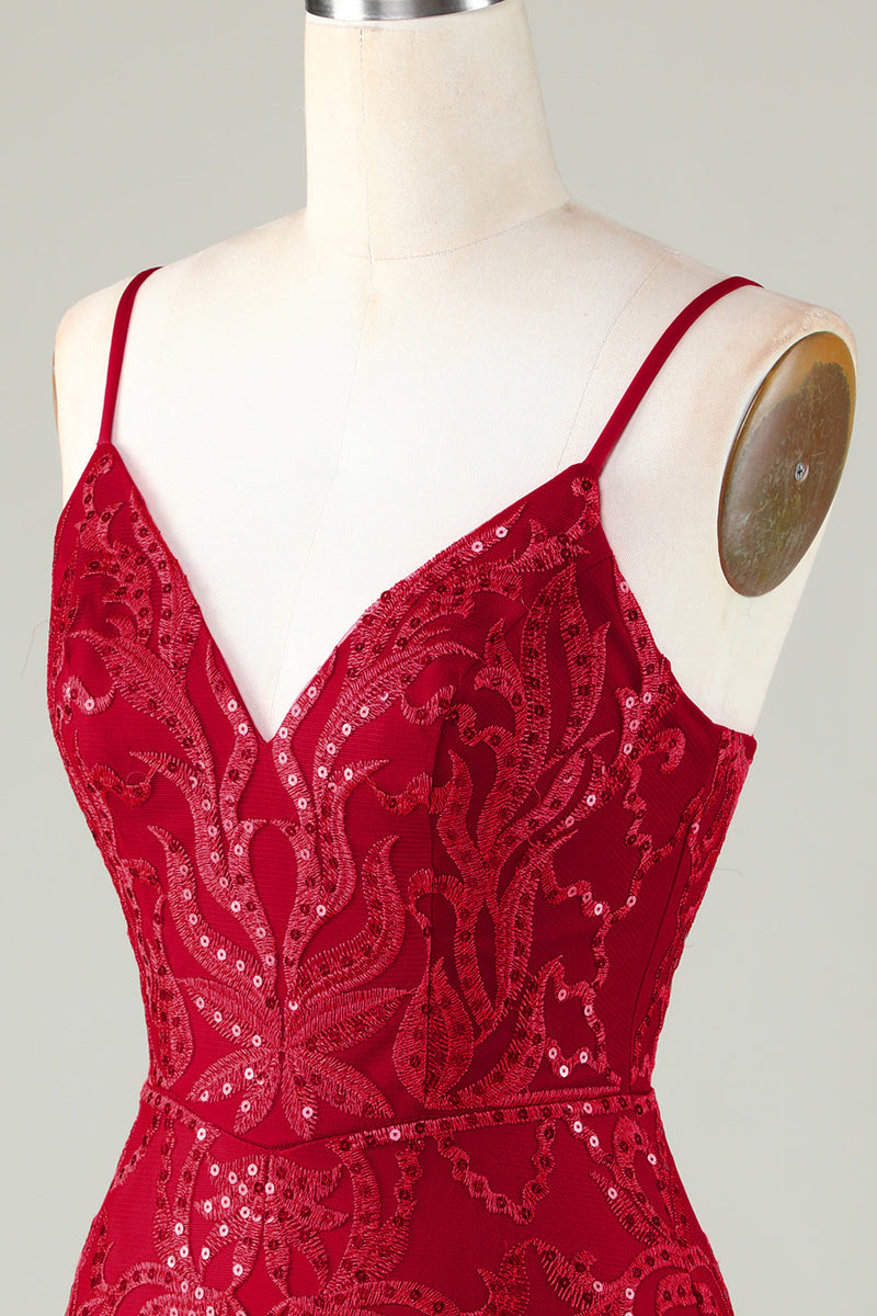 Afbeelding in Gallery-weergave laden, Sprankelende donkerrode pailletten spaghetti riemen strakke korte homecoming jurk