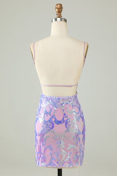 Sprankelende paarse pailletten rugloze strakke korte homecoming jurk