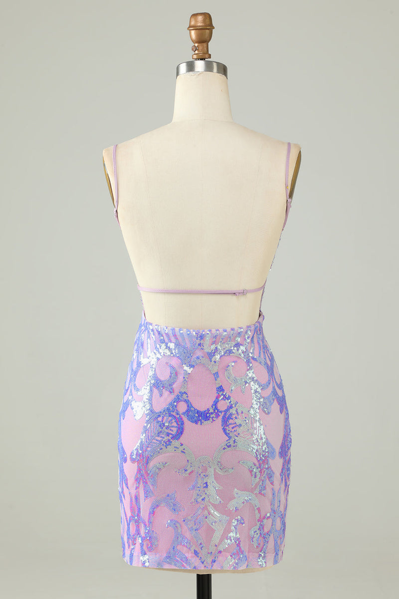 Afbeelding in Gallery-weergave laden, Sprankelende paarse pailletten rugloze strakke korte homecoming jurk