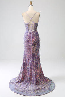 Sprankelende zeemeermin licht paarse pailletten Prom jurk met split