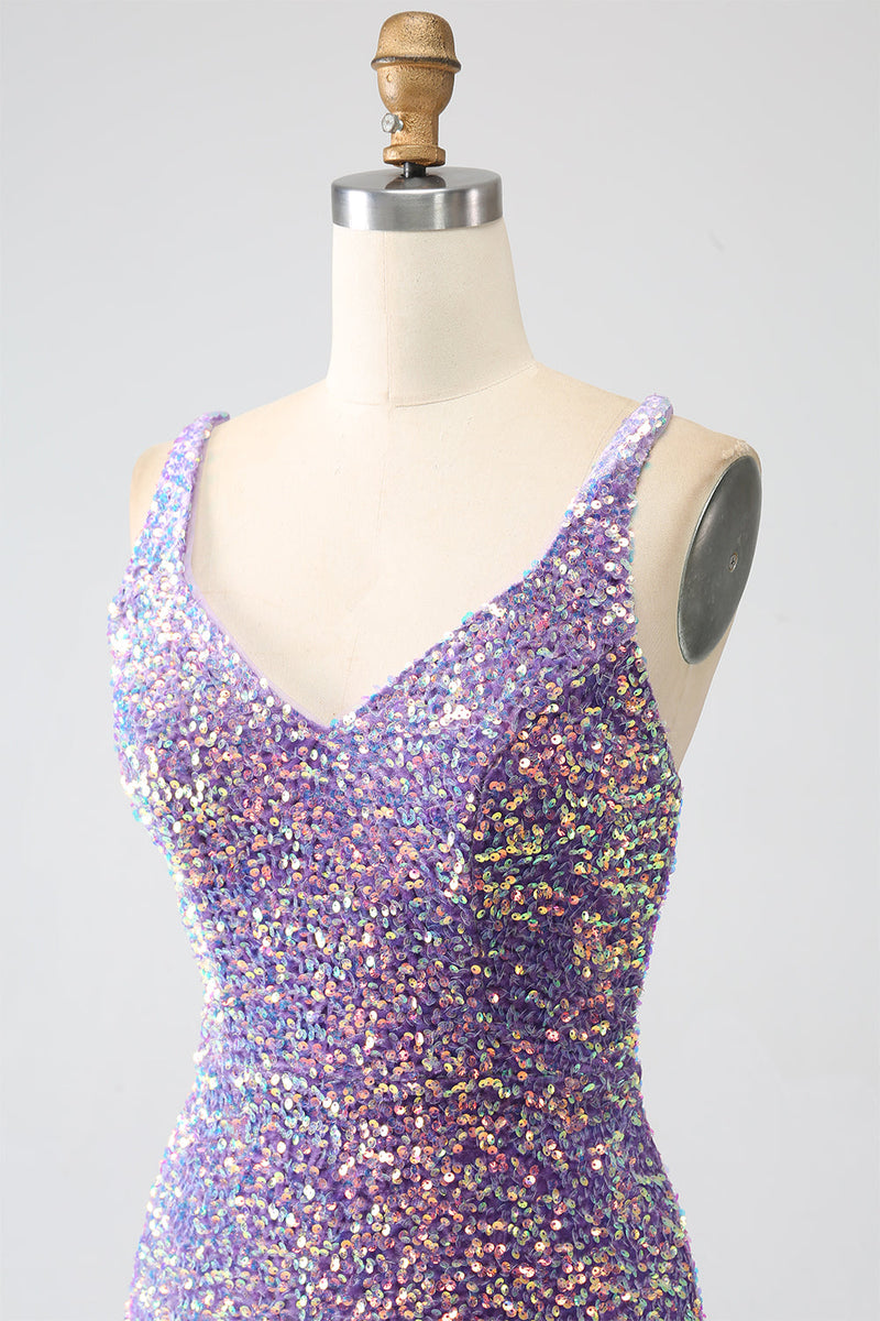 Afbeelding in Gallery-weergave laden, Sprankelende zeemeermin licht paarse pailletten Prom jurk met split