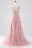 Afbeelding in Gallery-weergave laden, Sprankelende Blush A Line Spaghetti Bandjes Pailletten Corset Prom Dress Met Split