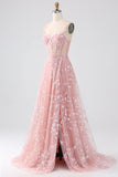 Sprankelende Blush A Line Spaghetti Bandjes Pailletten Corset Prom Dress Met Split