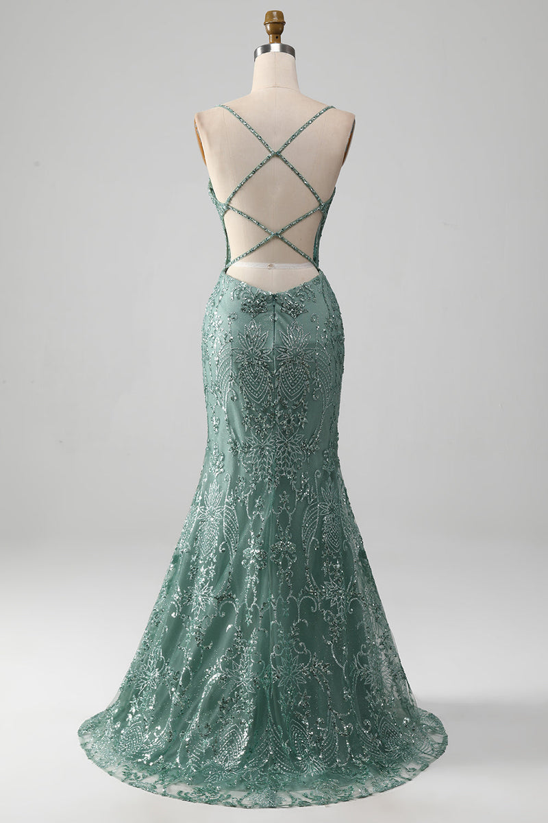 Afbeelding in Gallery-weergave laden, Spaghetti Staps Sparkly grijs groen Prom jurk met kralen