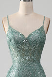 Spaghetti Staps Sparkly grijs groen Prom jurk met kralen