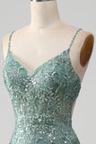 Spaghetti Staps Sparkly grijs groen Prom jurk met kralen