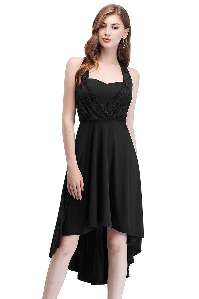 Afbeelding in Gallery-weergave laden, Hoge lage halter zwarte vintage jurk