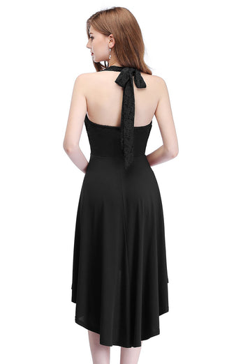 Hoge lage halter zwarte vintage jurk