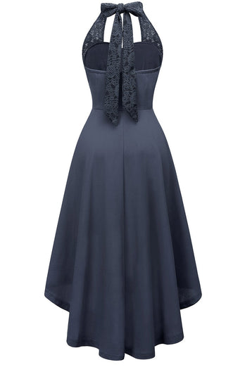 Hoge lage halter zwarte vintage jurk