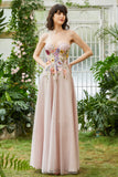 Elegante A Line Strapless Blush Lange Bruiloft Gast Jurk met 3D Bloemen