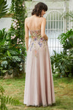 Elegante A Line Strapless Blush Lange Bruiloft Gast Jurk met 3D Bloemen