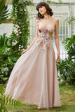 Elegante A Line Strapless Blush Lange Bruiloft Gast Jurk met 3D Bloemen