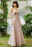 Elegante A Line Strapless Blush Lange Bruiloft Gast Jurk met 3D Bloemen