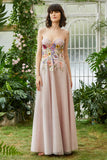 Elegante A Line Strapless Blush Lange Bruiloft Gast Jurk met 3D Bloemen