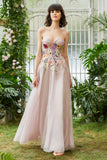 Elegante A Line Strapless Blush Lange Bruiloft Gast Jurk met 3D Bloemen